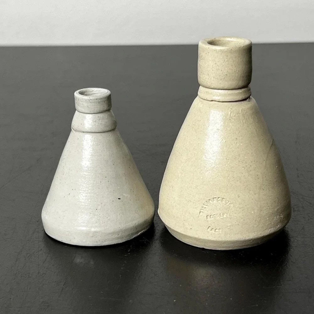 Williamsburg Pottery Bud Vase Set‎ Gray Tan Cobalt Blue Salt Glaze Leaf Small